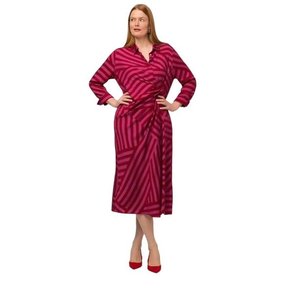 Ulla Popken Dresses & Skirts - Ulla Popken Pink Mixed Strip Long Sleeve Midi Dress Work Office Funky Art 16 18